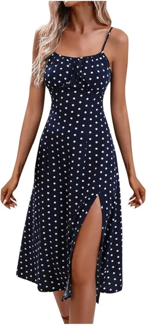 Sundresses for Women,2025 Summer Sexy Spaghetti Strap Polka Dot Midi Beach Dress,Flowy Side Slit Boho Vacation Dress