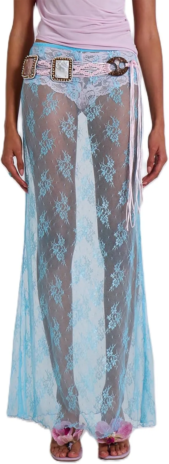 Sunloudy Women Lace See Through Maxi Skirt Sheer Mermaid Long Skirt Elastic Waist Bodycon A Line Flowy Long Skirt Streetwear