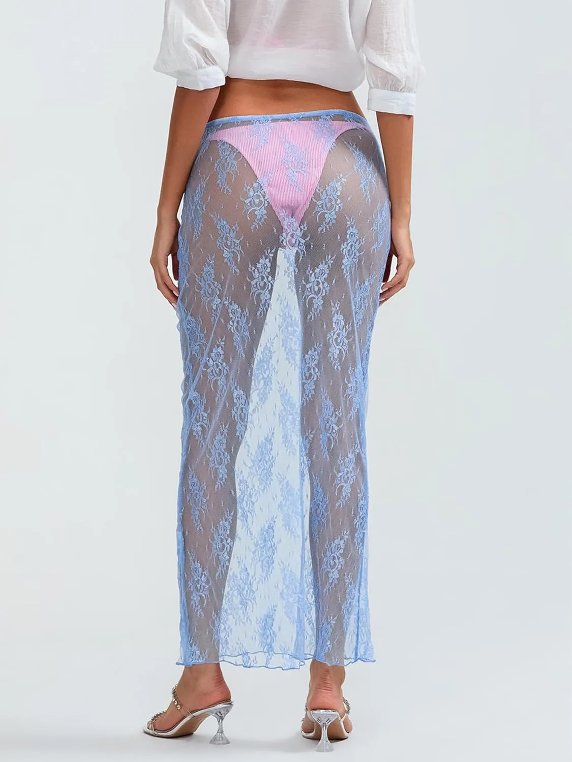 Sunloudy Women Lace See Through Maxi Skirt Sheer Mermaid Long Skirt Elastic Waist Bodycon A Line Flowy Long Skirt Streetwear