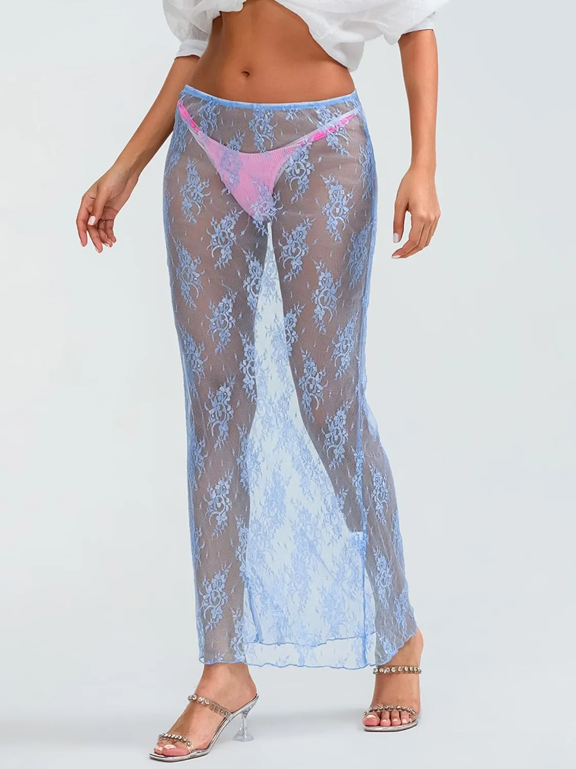 Sunloudy Women Lace See Through Maxi Skirt Sheer Mermaid Long Skirt Elastic Waist Bodycon A Line Flowy Long Skirt Streetwear