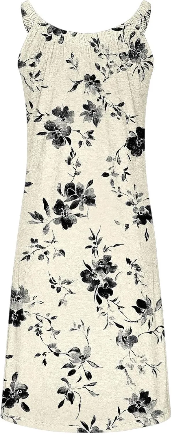 Tank Dresses for Women Vacation Hawaii Sleeveless Knee Length Casual Boho Floral Dresses Vintage Flower Print Sundress