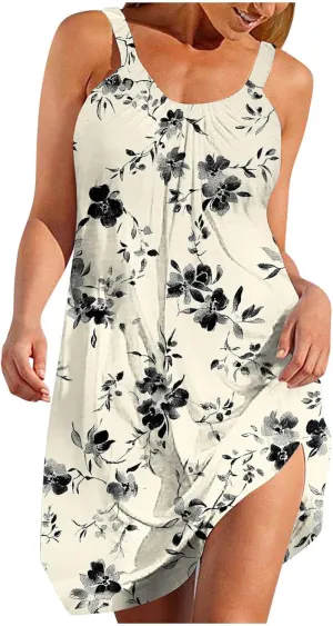 Tank Dresses for Women Vacation Hawaii Sleeveless Knee Length Casual Boho Floral Dresses Vintage Flower Print Sundress