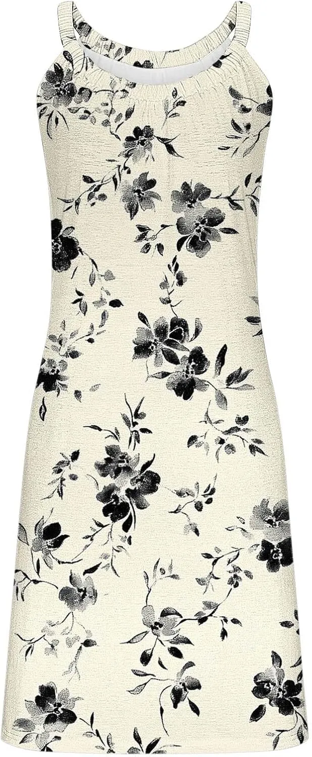 Tank Dresses for Women Vacation Hawaii Sleeveless Knee Length Casual Boho Floral Dresses Vintage Flower Print Sundress
