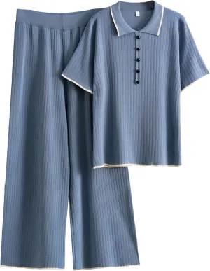 Tanming Two Piece Sets for Women Short Sleeve Polo Neck Tops Casual Lounge Set Wide Leg Pants Set Tracksuit