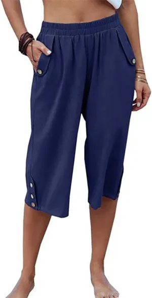 TBA Wide Leg Straight Capri Pants for Women Loose Casual Joggers Pants Elastic High Waist Cropped Trousers with Pockets Blue