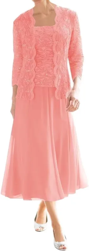 Tea Length Mother of The Bride Dresses with Jacket 2 Piece Foemal Wedding Guest Dresses Chiffon Lace Evening Gowns