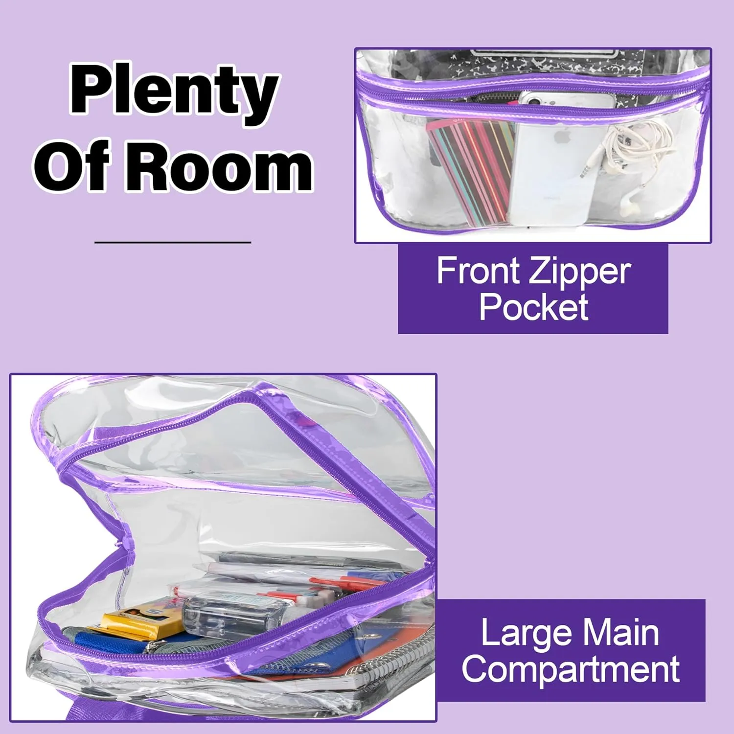 Trail maker Mini Clear Backpack Stadium Approved Small Clear Concert Bag for Work, Commute, Travel and Recreation (Purple)