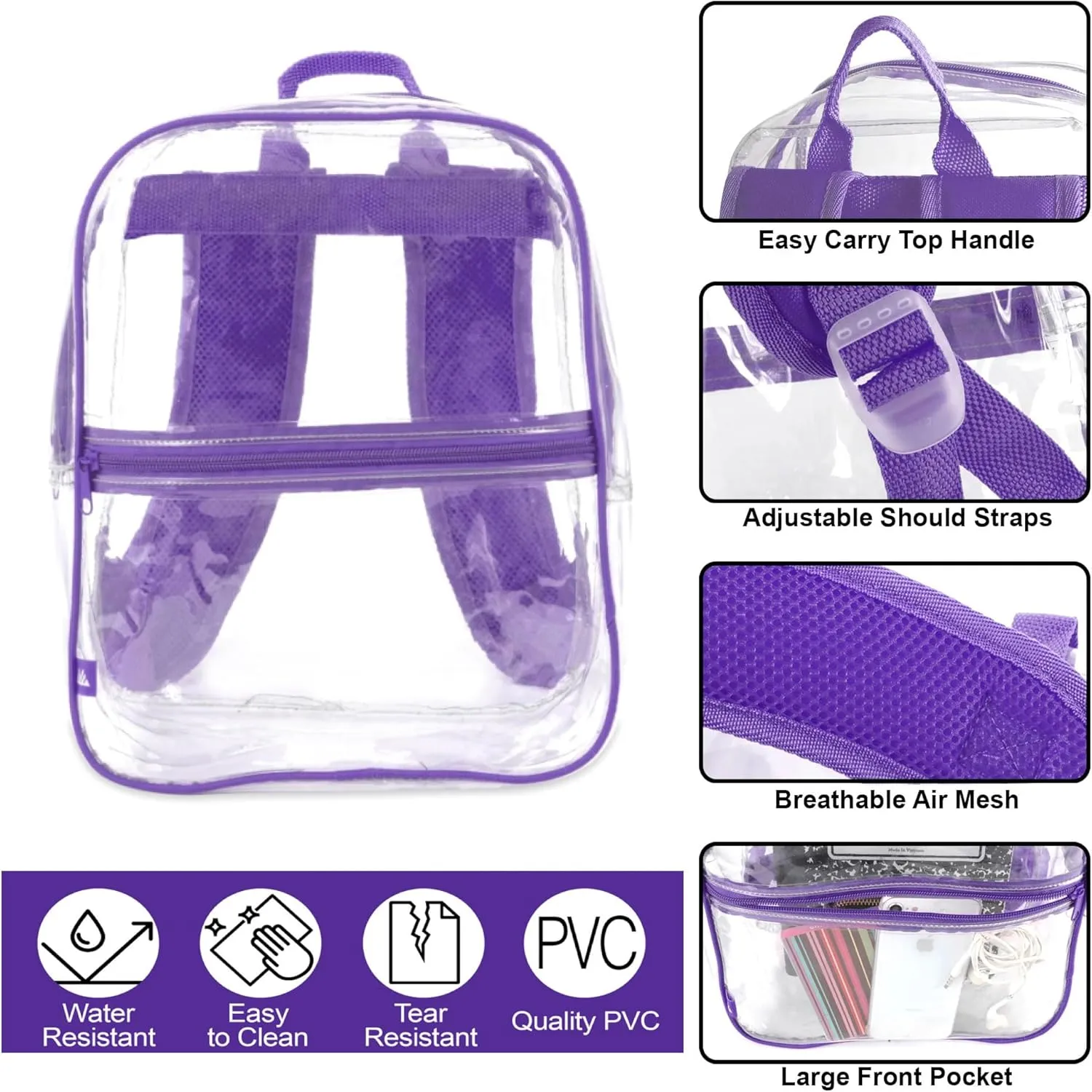 Trail maker Mini Clear Backpack Stadium Approved Small Clear Concert Bag for Work, Commute, Travel and Recreation (Purple)
