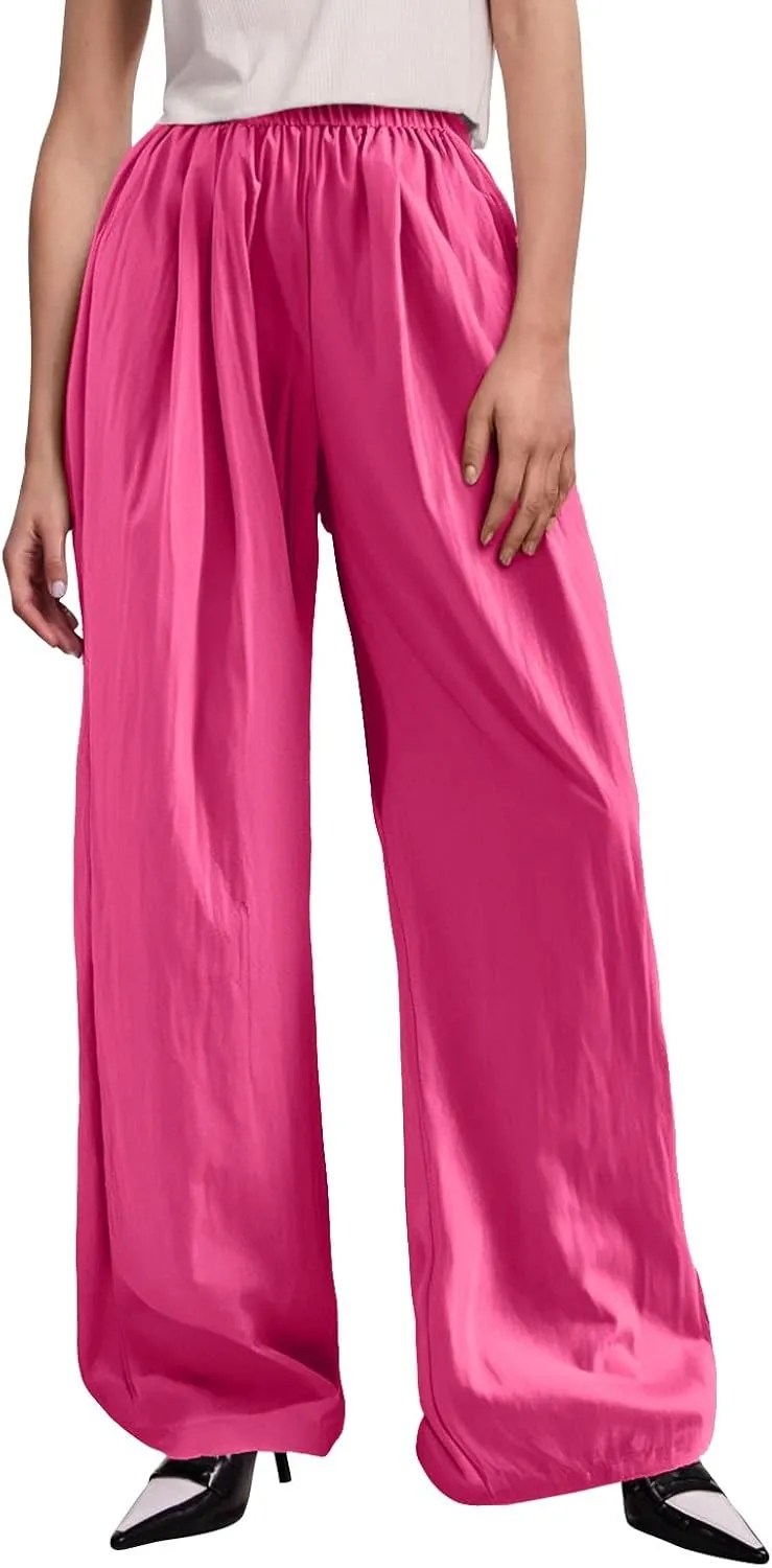 Trousers Pants for Women Casual Linen Elastic Waist Straight Leg Loose Work Pants Wide Leg Flowy Baggy Sweatpants