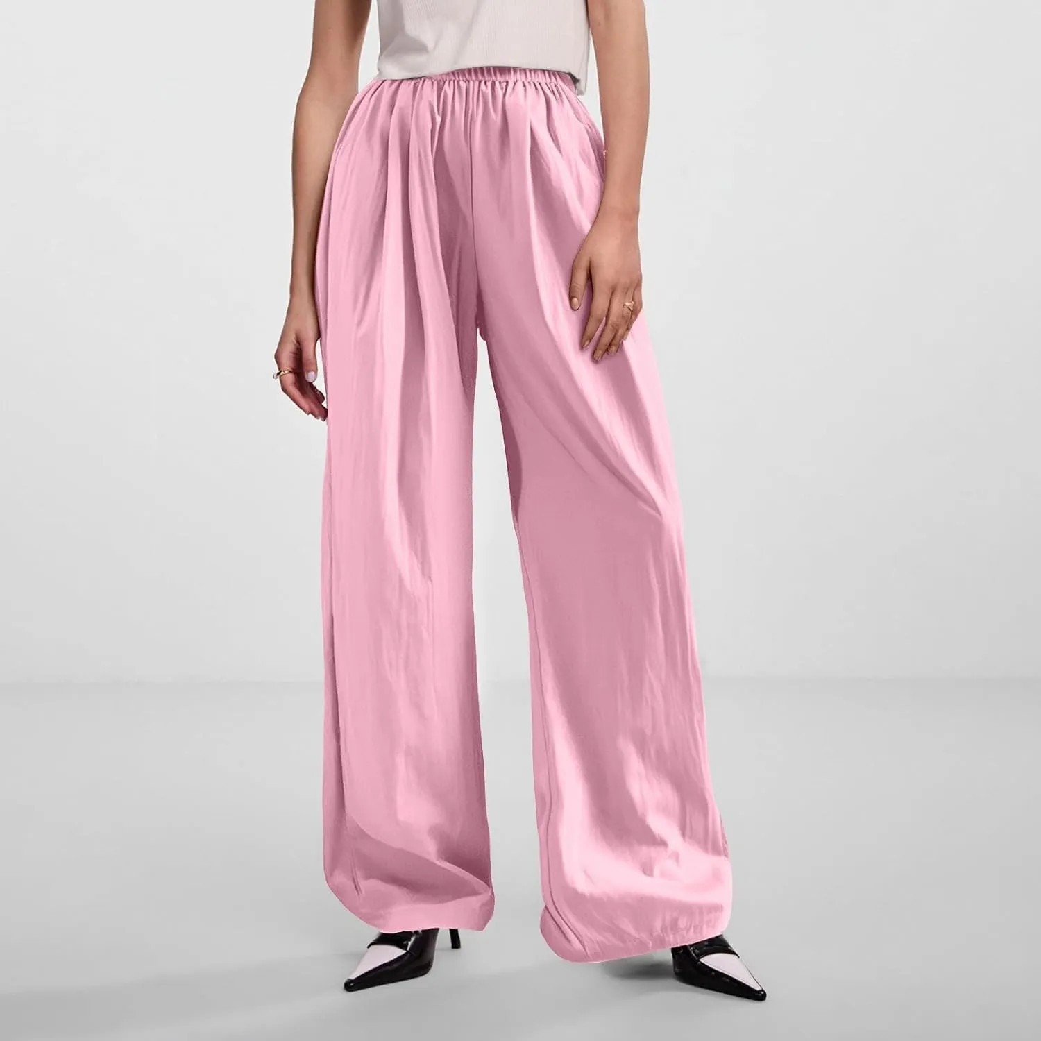 Trousers Pants for Women Casual Linen Elastic Waist Straight Leg Loose Work Pants Wide Leg Flowy Baggy Sweatpants