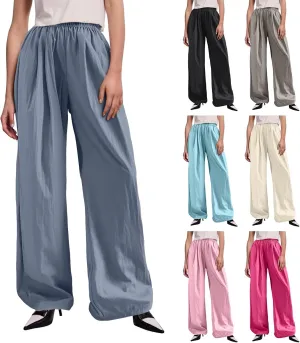 Trousers Pants for Women Casual Linen Elastic Waist Straight Leg Loose Work Pants Wide Leg Flowy Baggy Sweatpants