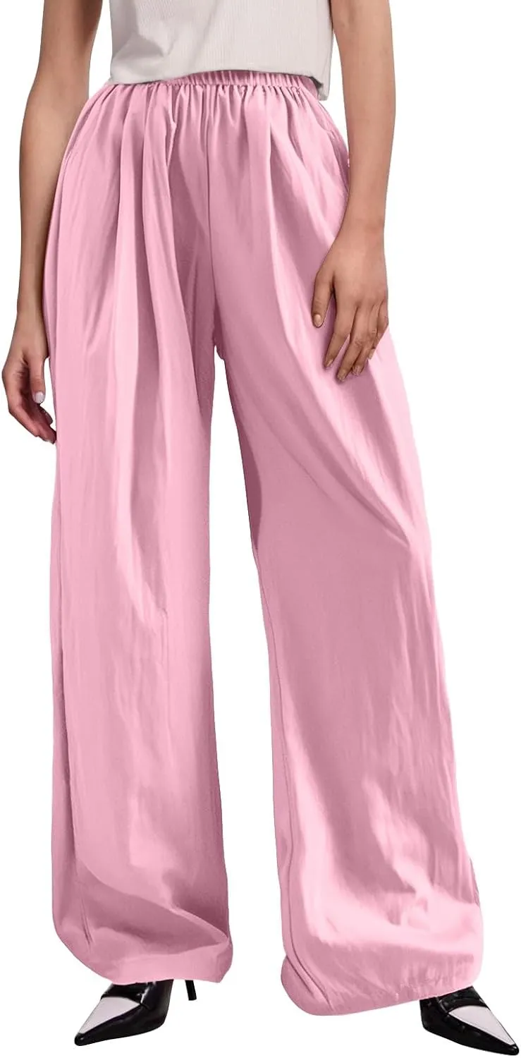 Trousers Pants for Women Casual Linen Elastic Waist Straight Leg Loose Work Pants Wide Leg Flowy Baggy Sweatpants