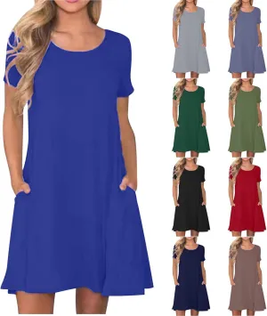 Tshirts Dress for Women with Pocket Short Sleeve T Shirt Dress Beach Mini Sundress Knee Length Csasual Cover Ups