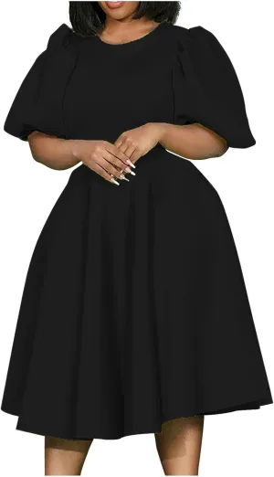 Uillui Plus Size Dress for Women Bubble Sleeve Tapered Waist a Line Dress Flowy Swing Dress Formal Cocktail Prom Party Dress
