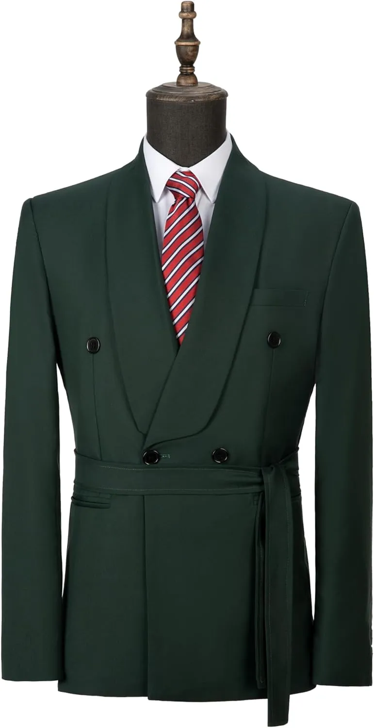 Uohzus Men's 2 Pieces Suit with Belt Casual Fashion Slim Linen Jacket and Pants