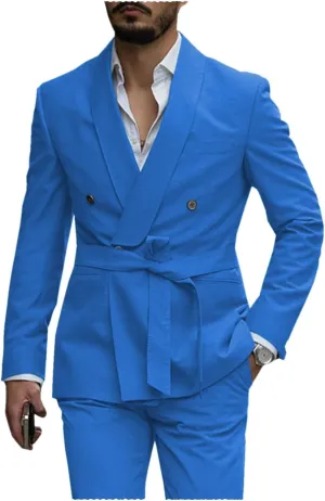 Uohzus Men's 2 Pieces Suit with Belt Casual Fashion Slim Linen Jacket and Pants