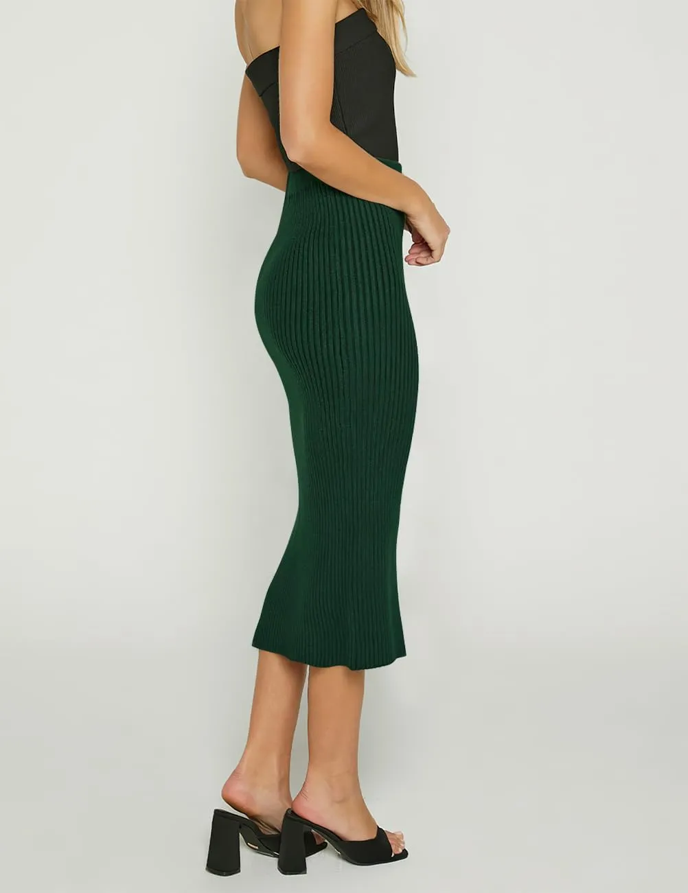 v28 Women Side Split Midi High Waisted Stretchy Ribbed Bodycon Casual Knit Pencil Skirt