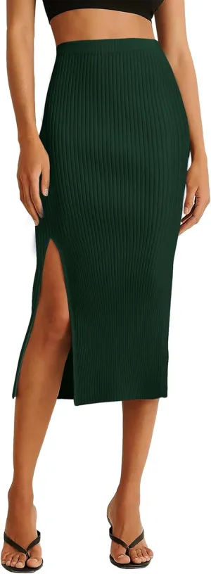 v28 Women Side Split Midi High Waisted Stretchy Ribbed Bodycon Casual Knit Pencil Skirt