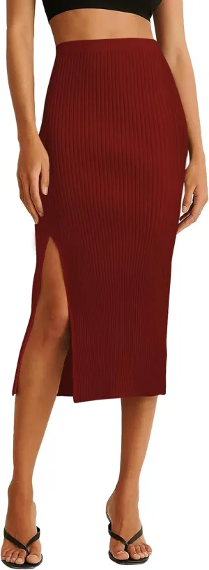 v28 Women Side Split Midi High Waisted Stretchy Ribbed Bodycon Casual Knit Pencil Skirt