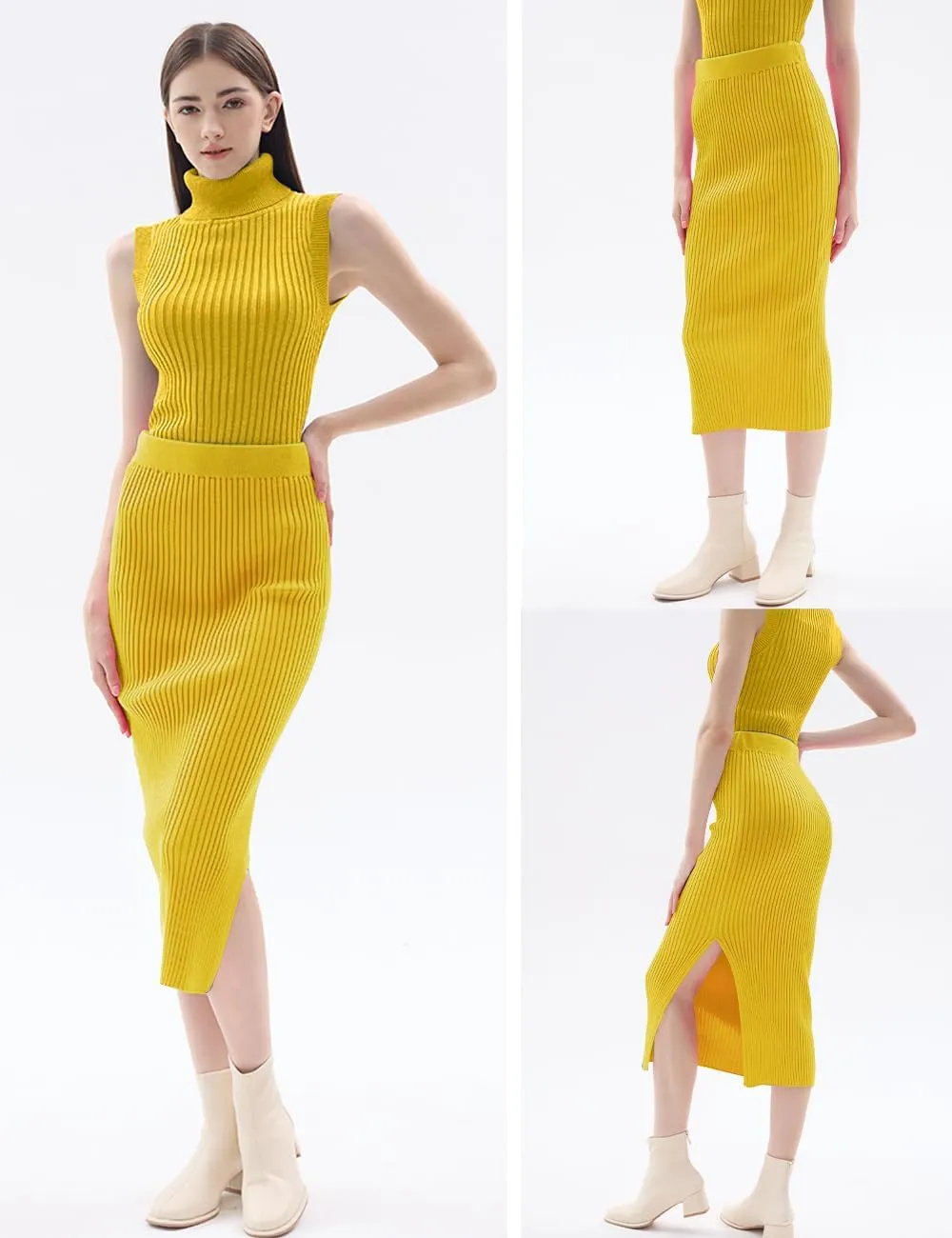 v28 Women Side Split Midi High Waisted Stretchy Ribbed Bodycon Casual Knit Pencil Skirt
