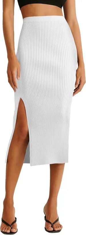 v28 Women Side Split Midi High Waisted Stretchy Ribbed Bodycon Casual Knit Pencil Skirt