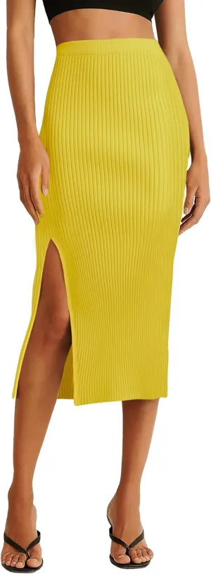 v28 Women Side Split Midi High Waisted Stretchy Ribbed Bodycon Casual Knit Pencil Skirt