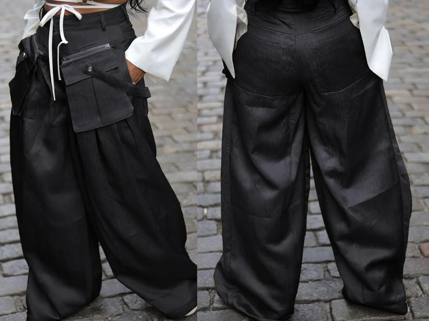 Vakkest Women's Casual Satin Cargo Pants Baggy Wide Leg Folds Pants Streetwear High Waist Palazzo Trousers with Flap Pockets