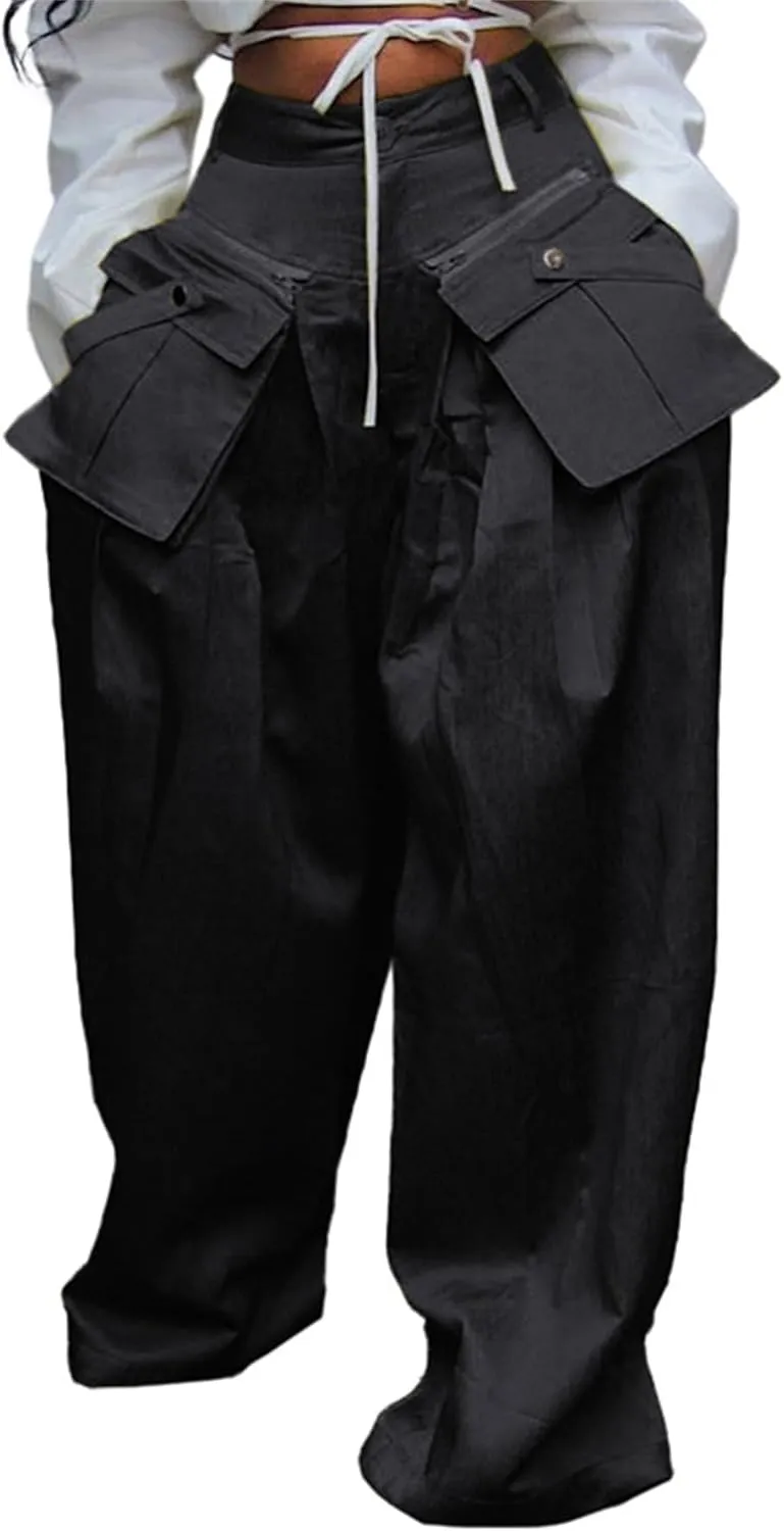 Vakkest Women's Casual Satin Cargo Pants Baggy Wide Leg Folds Pants Streetwear High Waist Palazzo Trousers with Flap Pockets
