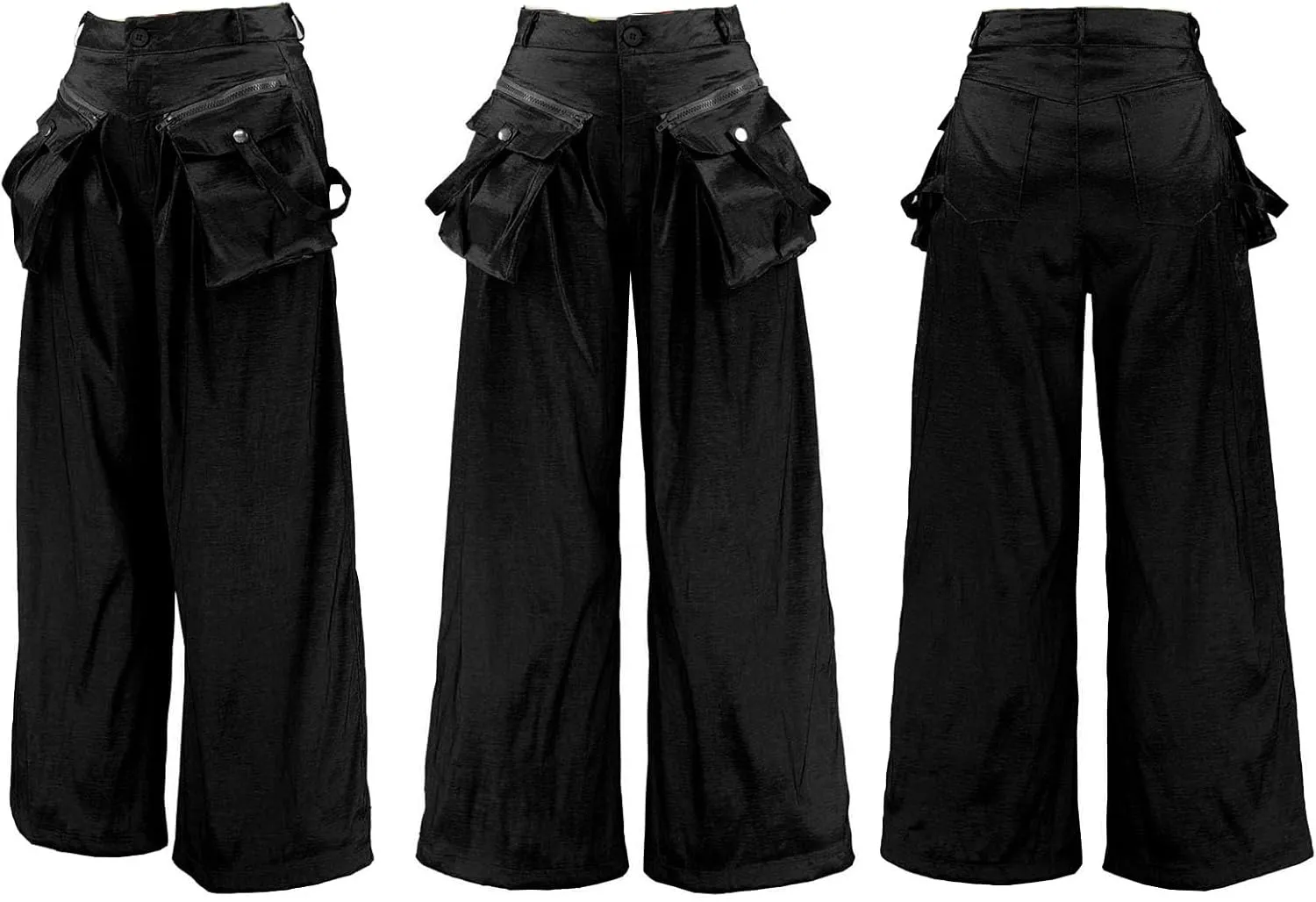 Vakkest Women's Casual Satin Cargo Pants Baggy Wide Leg Folds Pants Streetwear High Waist Palazzo Trousers with Flap Pockets