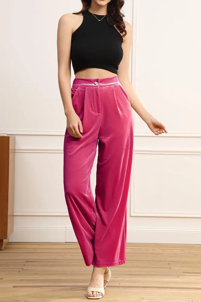 Velius Women's Sexy Velvet Sparkly Wide Leg Pants Trousers Clubwear with Pockets