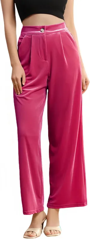 Velius Women's Sexy Velvet Sparkly Wide Leg Pants Trousers Clubwear with Pockets