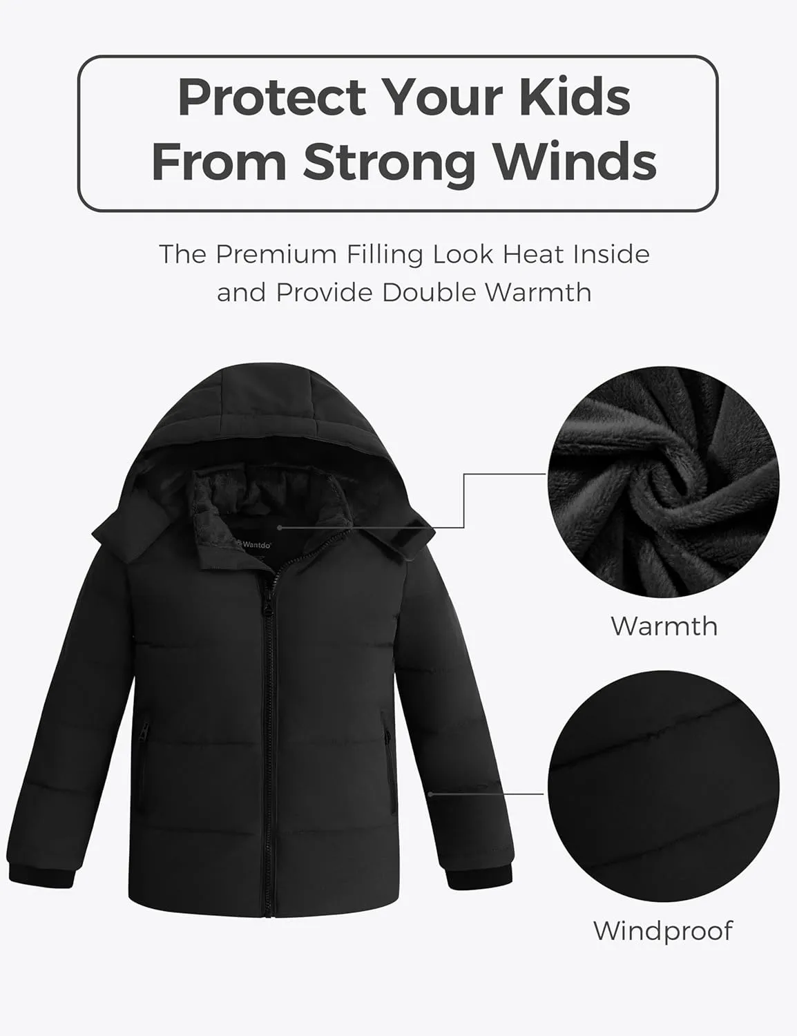 wantdo Boys' Winter Coat Puffer Jacket Waterproof Coat Hooded Zip Up