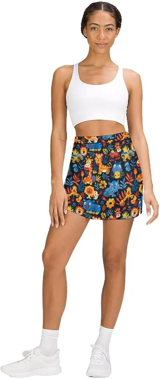Wave Pattern Women's Athletic Skirts Light Proof A-line Trouser Skirt with Shorts Pockets