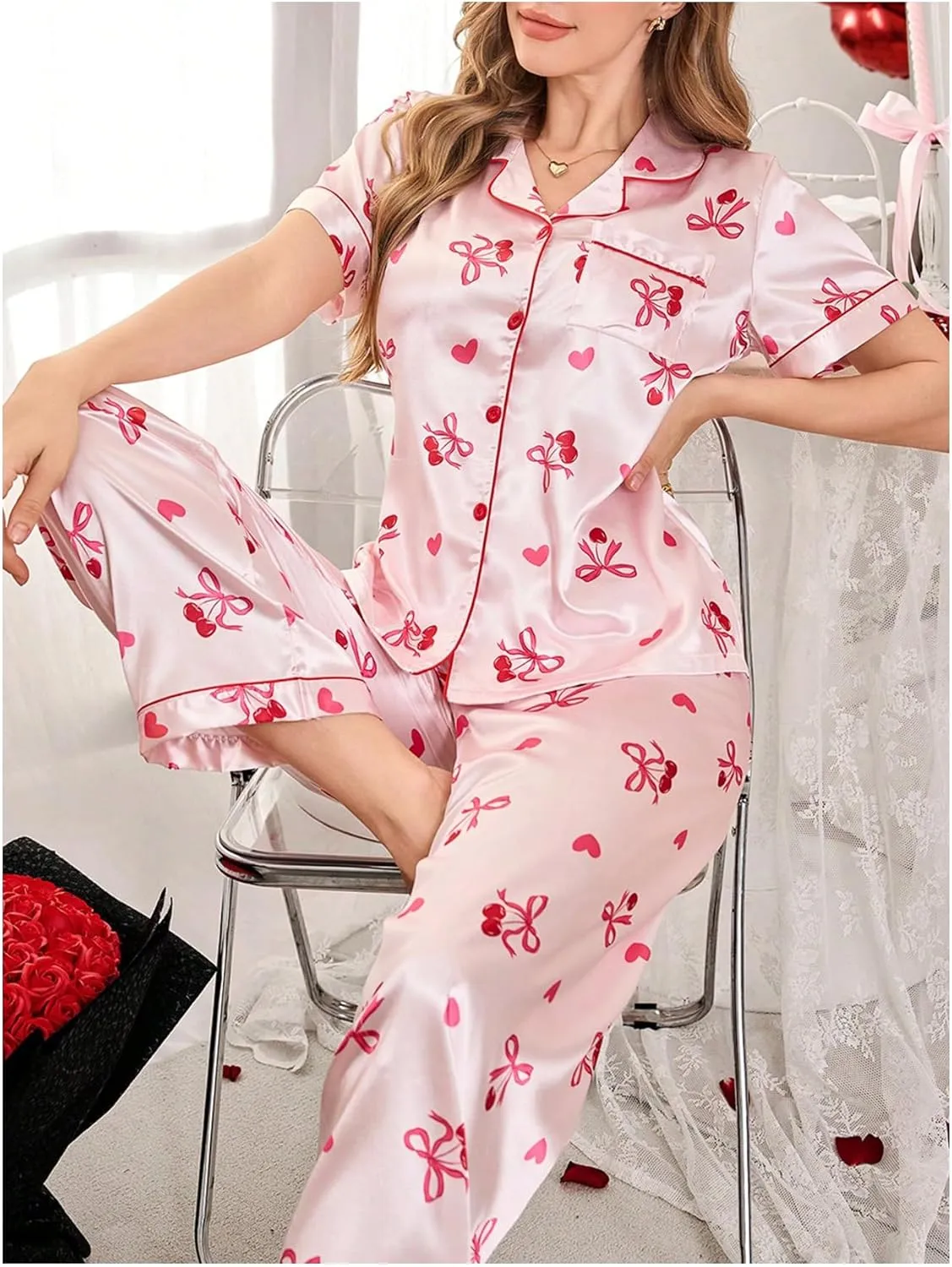 WDIRARA Women's 2 Piece Bow Cherry Print Satin Pants Pajama Set Button Down Short Sleeve Sleepwear Pjs
