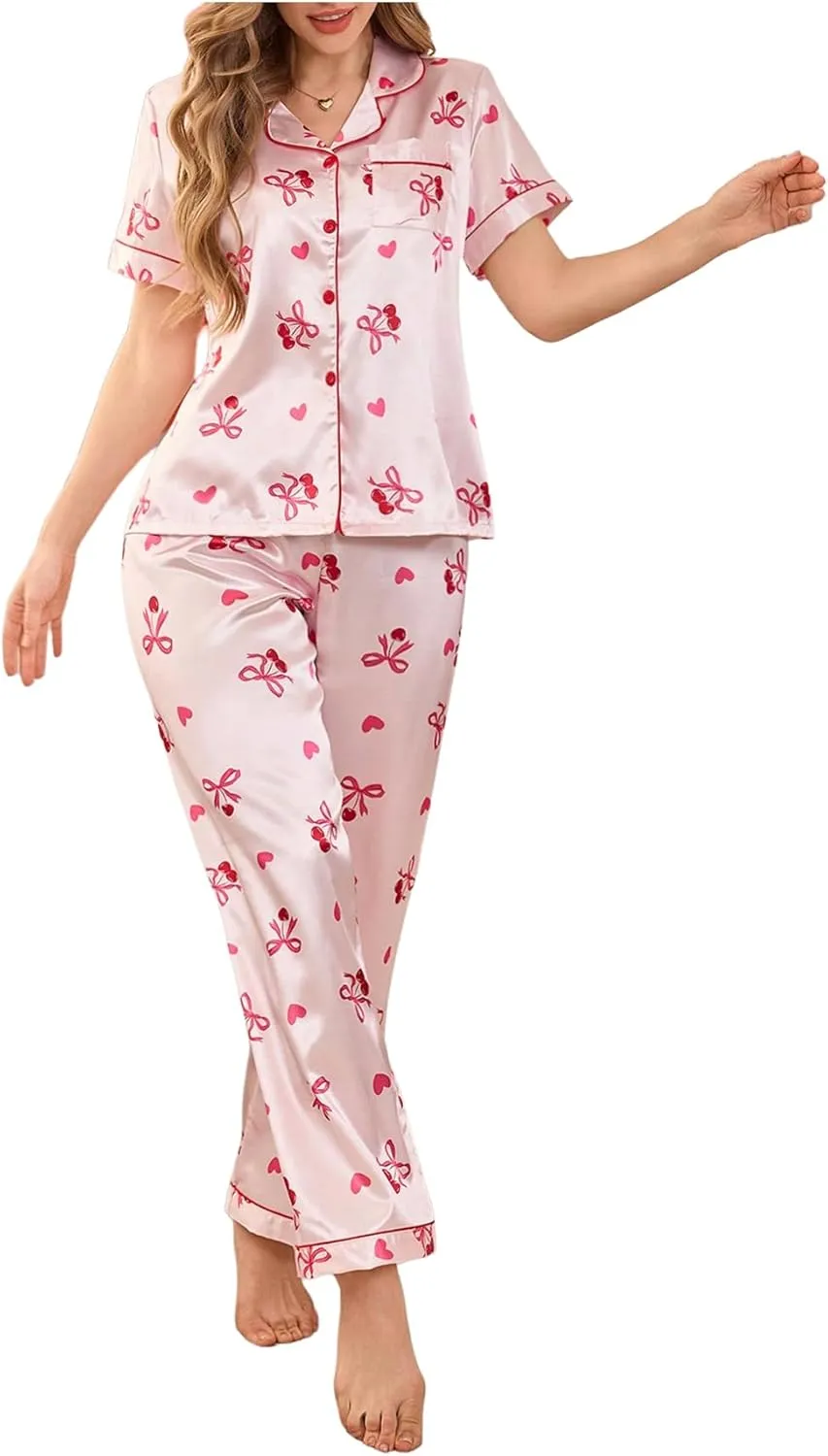 WDIRARA Women's 2 Piece Bow Cherry Print Satin Pants Pajama Set Button Down Short Sleeve Sleepwear Pjs