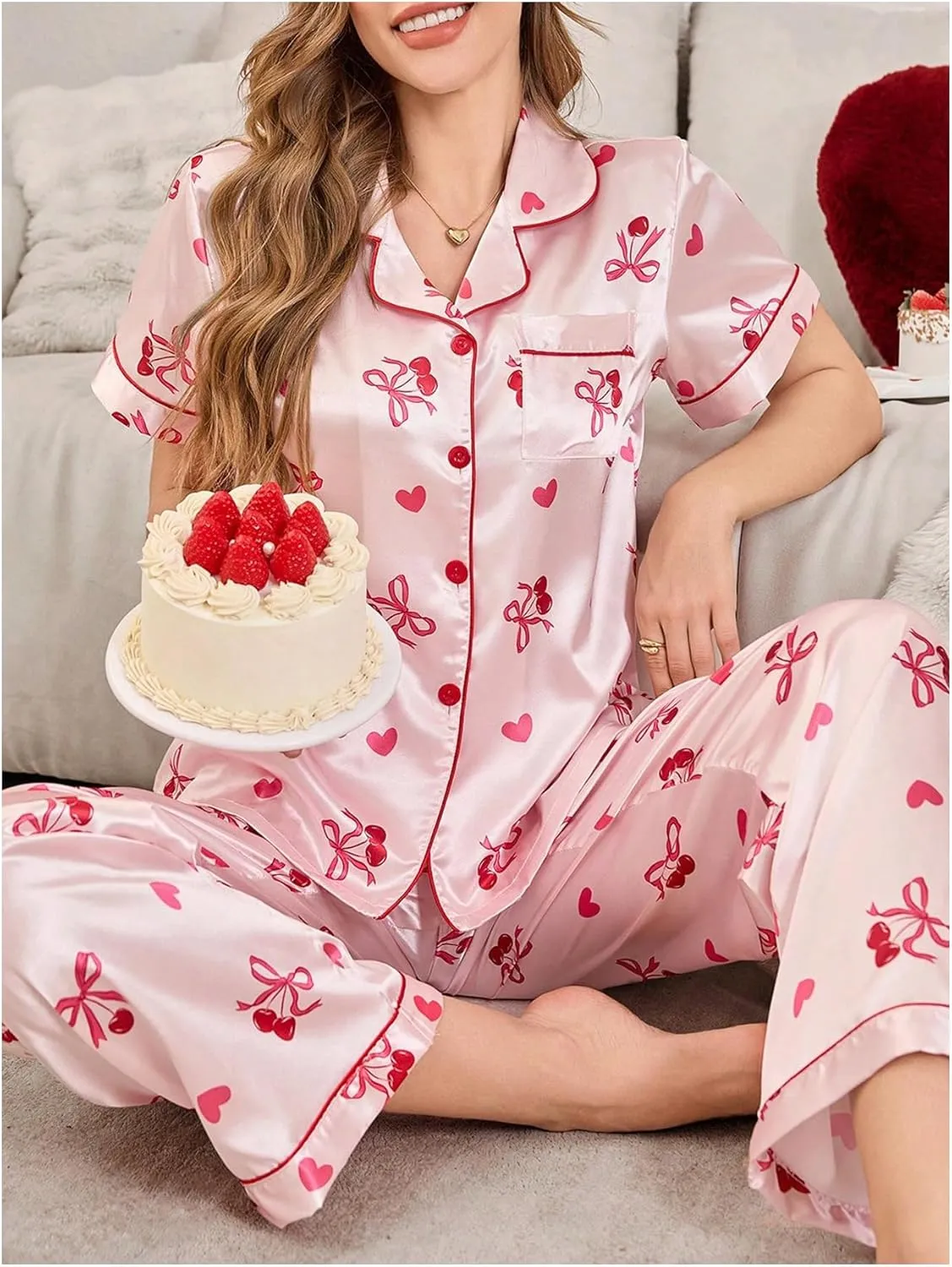 WDIRARA Women's 2 Piece Bow Cherry Print Satin Pants Pajama Set Button Down Short Sleeve Sleepwear Pjs