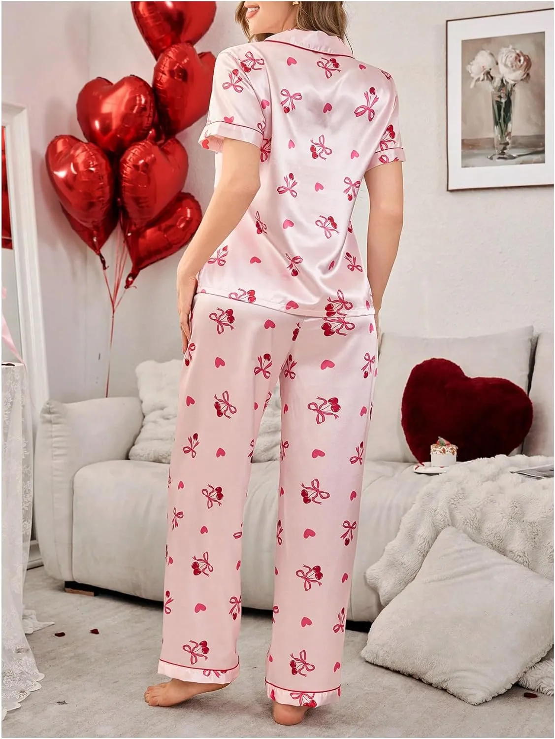 WDIRARA Women's 2 Piece Bow Cherry Print Satin Pants Pajama Set Button Down Short Sleeve Sleepwear Pjs