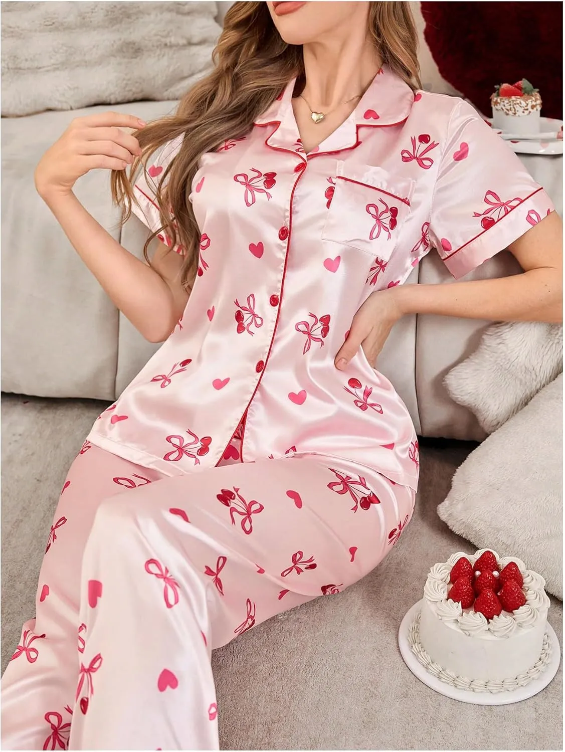 WDIRARA Women's 2 Piece Bow Cherry Print Satin Pants Pajama Set Button Down Short Sleeve Sleepwear Pjs