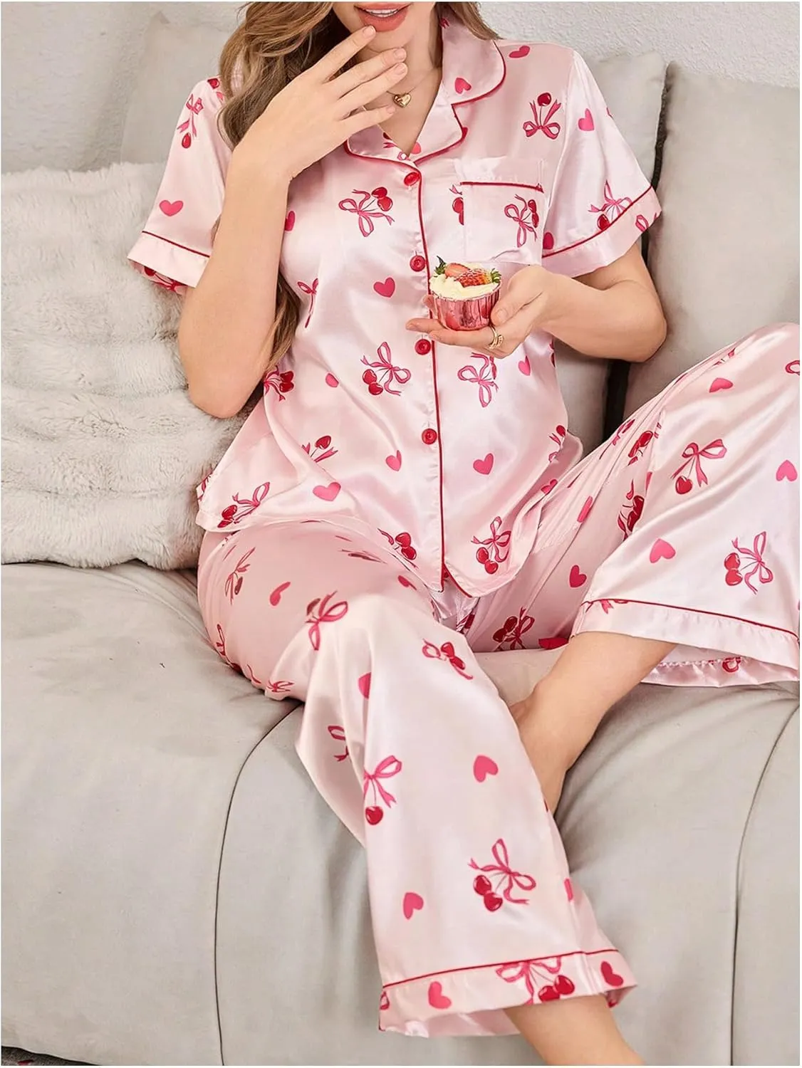 WDIRARA Women's 2 Piece Bow Cherry Print Satin Pants Pajama Set Button Down Short Sleeve Sleepwear Pjs
