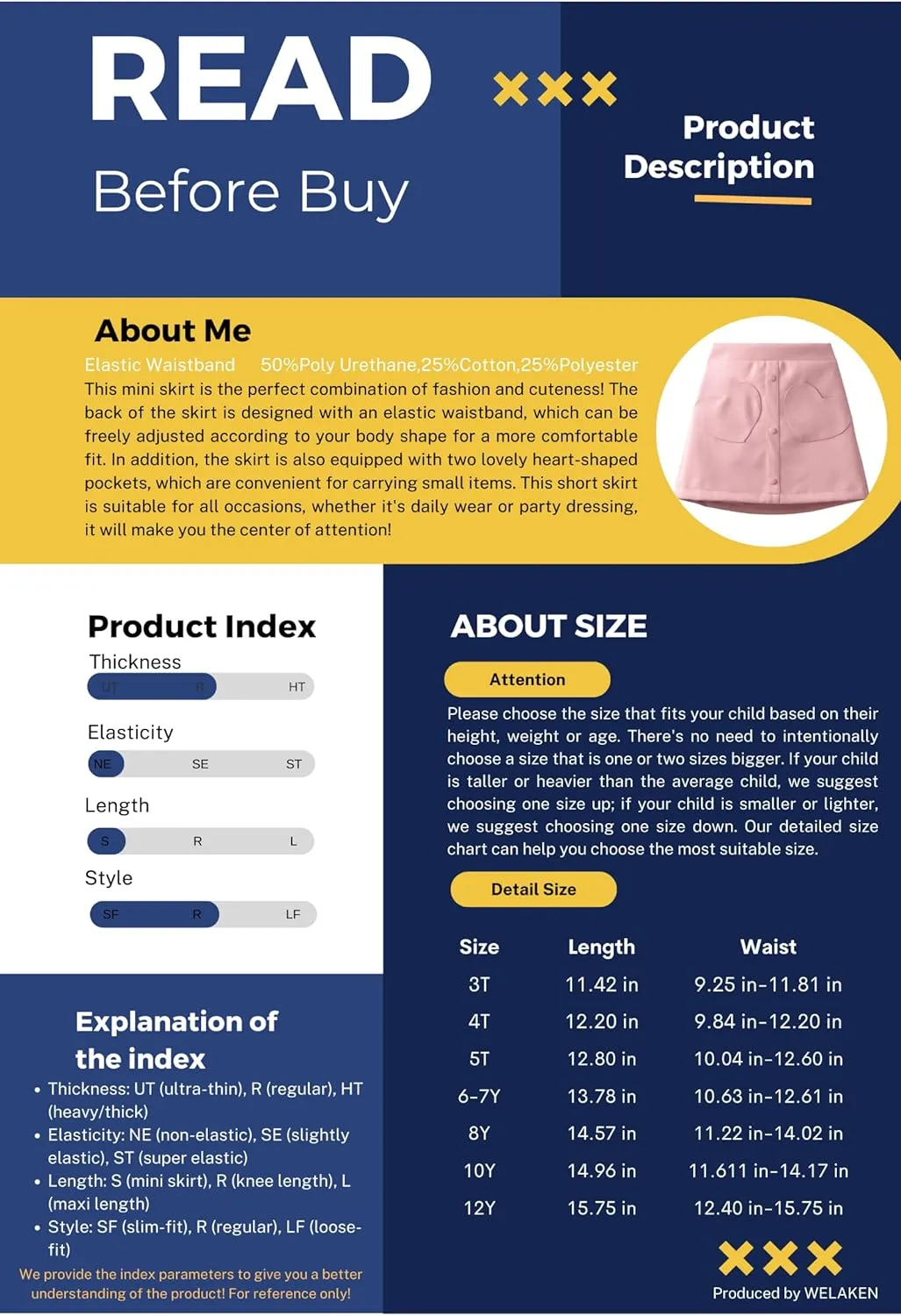 WELAKEN Faux Leather Skirt for Girls Toddler & Kids II Girl's A Line Skirt with Two Front Pockets