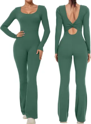 Wenlia Women's Workout Flare Jumpsuit Square Neck Long Sleeve Twist Back Romper Cutout Full Length Unitard Shapewear