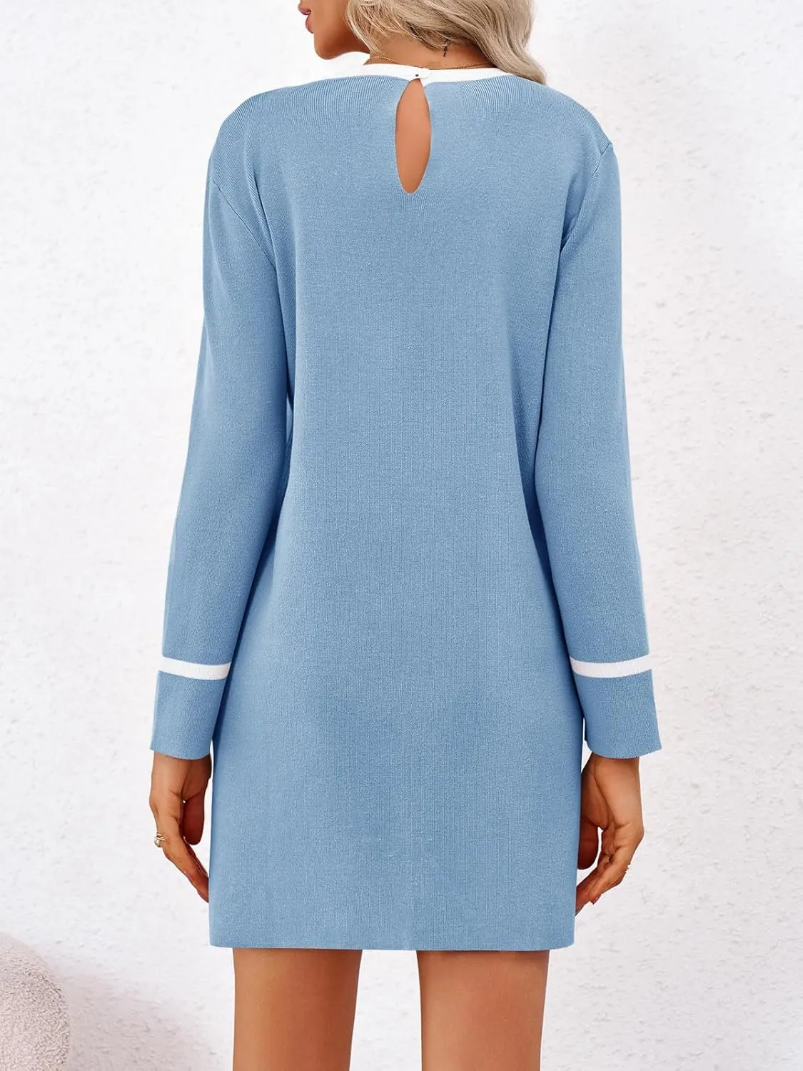 Wenrine Womens Sweater Dress Casual Contrast Color Elegant Work Business Long Sleeve Knit Fall Mini Dress