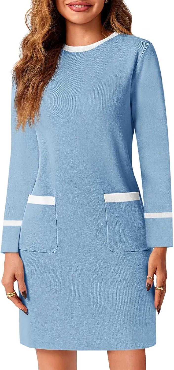 Wenrine Womens Sweater Dress Casual Contrast Color Elegant Work Business Long Sleeve Knit Fall Mini Dress