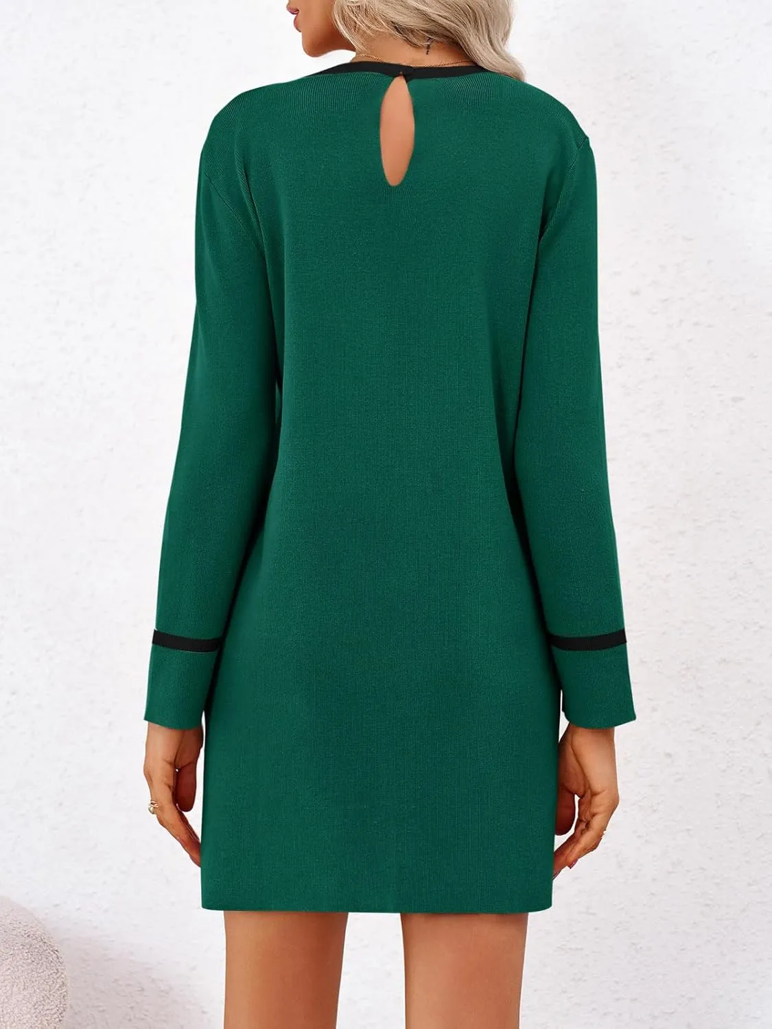 Wenrine Womens Sweater Dress Casual Contrast Color Elegant Work Business Long Sleeve Knit Fall Mini Dress