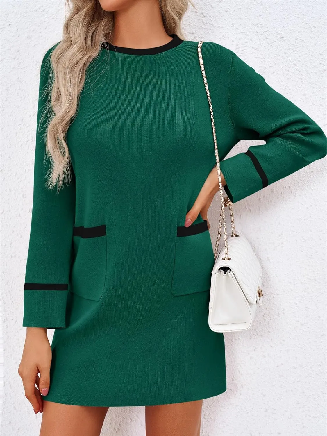Wenrine Womens Sweater Dress Casual Contrast Color Elegant Work Business Long Sleeve Knit Fall Mini Dress