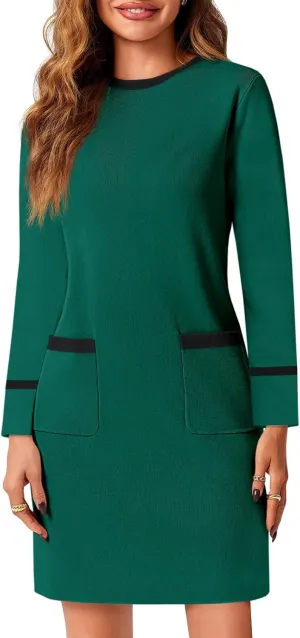 Wenrine Womens Sweater Dress Casual Contrast Color Elegant Work Business Long Sleeve Knit Fall Mini Dress