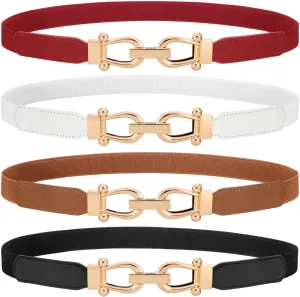 WERFORU 4 Pack Women Skinny Elastic Waist Belt Gold Buckle Stretchy Thin Belt for Jeans Dress