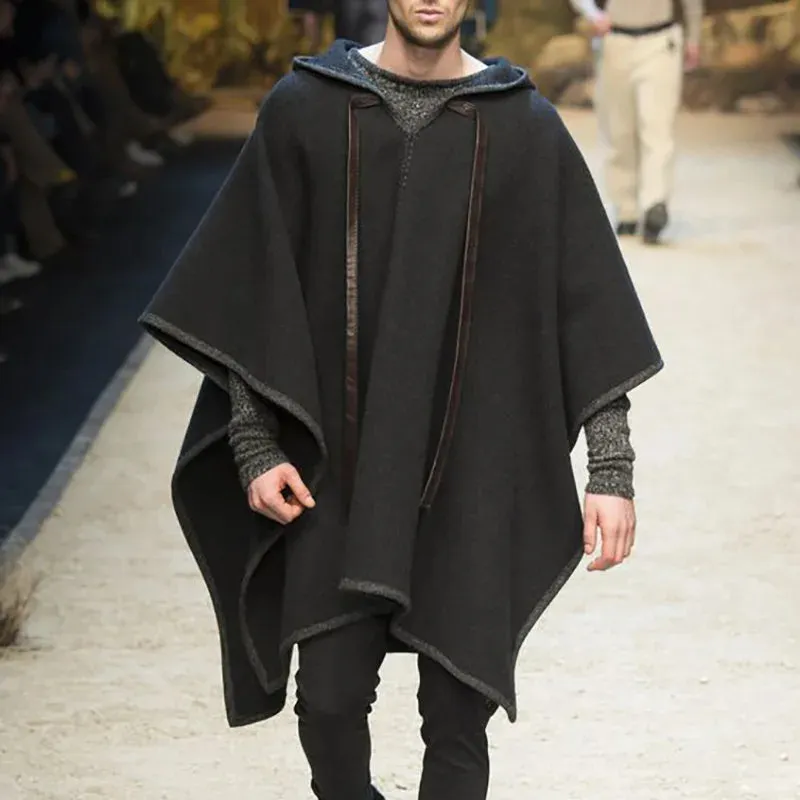 WIAOFELLAS  -  Autumn Winter Mens Cape  Batwing Sleeve Vintage Loose Oversize Poncho Hooded Coats  Male Outwear Irregular Shawl Overcoat