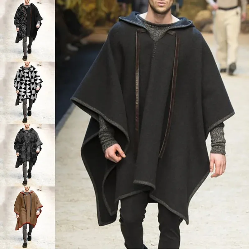 WIAOFELLAS  -  Autumn Winter Mens Cape  Batwing Sleeve Vintage Loose Oversize Poncho Hooded Coats  Male Outwear Irregular Shawl Overcoat