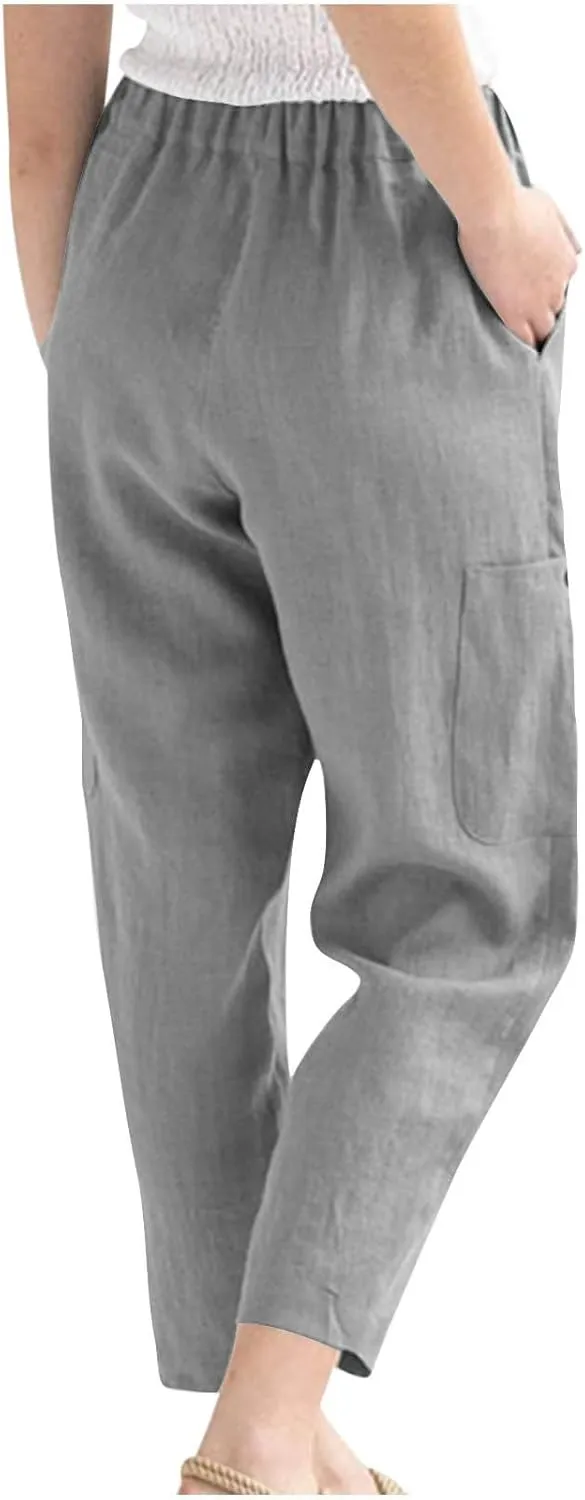 Wide Leg Linen Pant for Women Loose High Waisted Linen Pants Comfy Flowy Long Trousers Summer Vacation Beach Slacks
